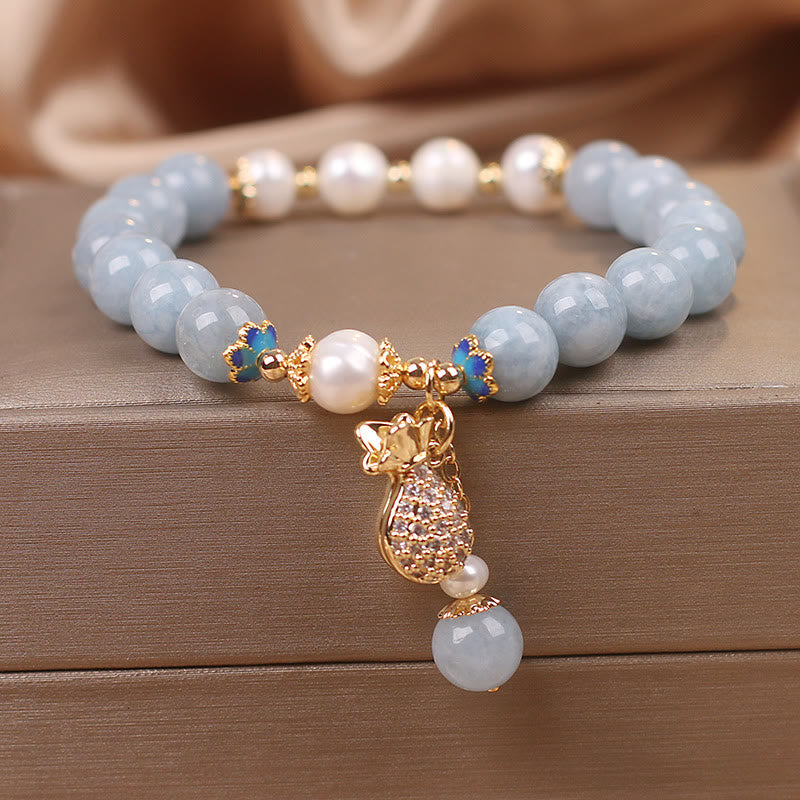 Carmiora Aquamarin-Perlen-Glücksbeutel-Charm-Armband