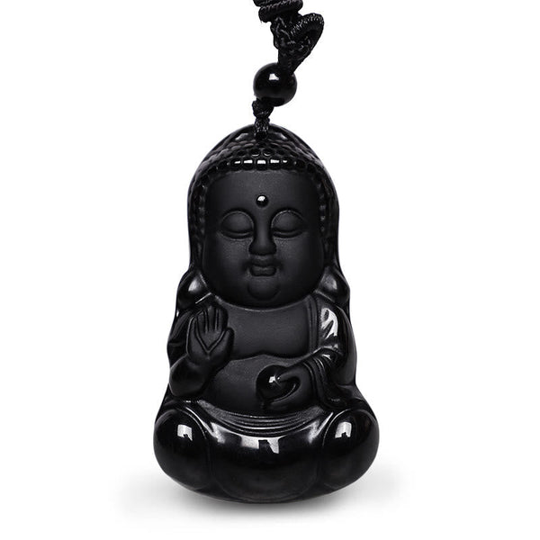 Carmiora Natürlicher schwarzer Obsidian-Kristall, Buddha-Stärke, Schutz-Amulett, Glücksbringer-Anhänger-Halskette