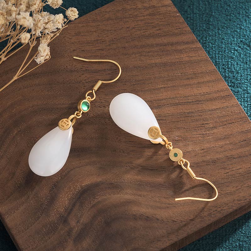 Carmiora FengShui Glücks-Tropfenohrringe aus weißer Jade