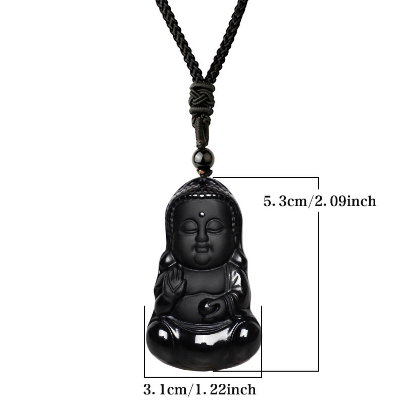 Carmiora Natürlicher schwarzer Obsidian-Kristall, Buddha-Stärke, Schutz-Amulett, Glücksbringer-Anhänger-Halskette