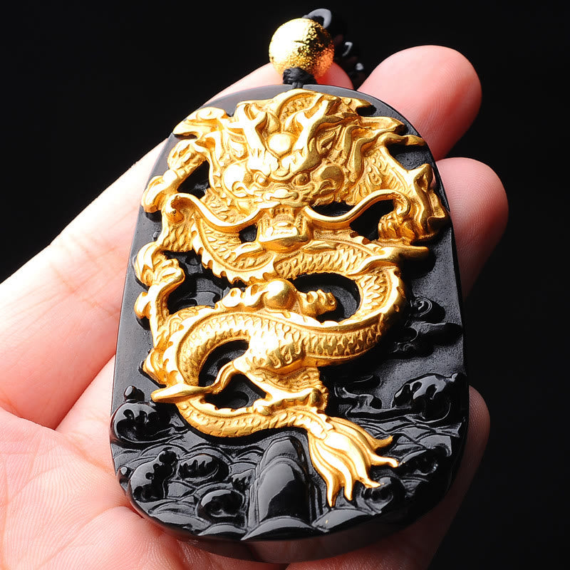 Carmiora 18 Karat vergoldete Drachen-Obsidian-Glücksanhänger-Halskette
