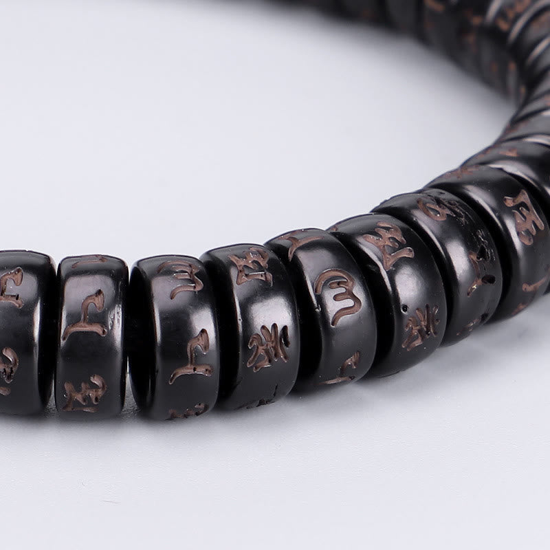 Carmiora tibetische Kokosnussschalen-Perlen mit Gravur Om Mani Padme Hum Mantra Positive String-Armband