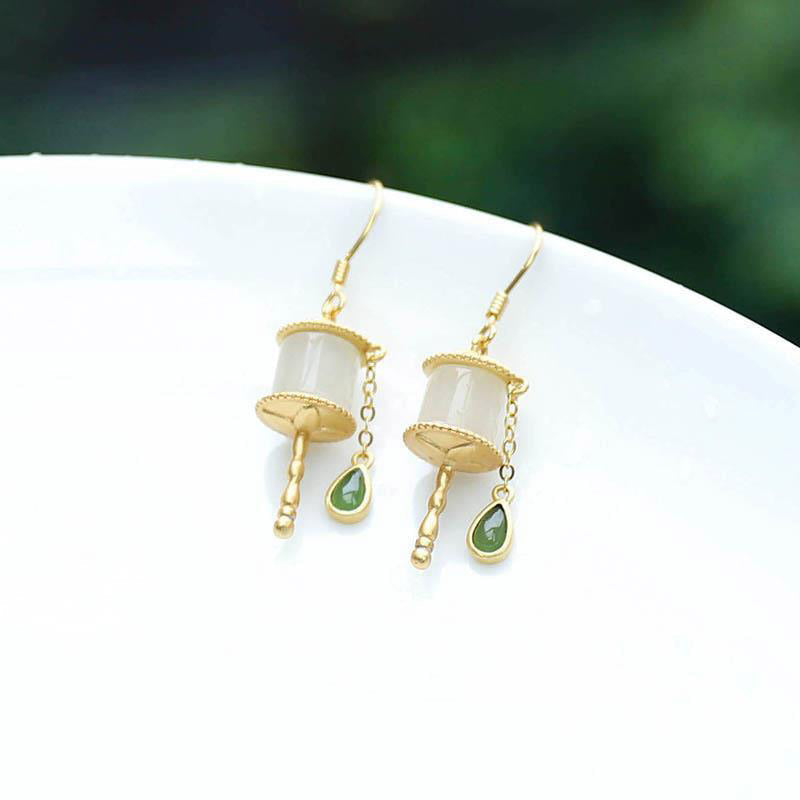 Carmiora 925 Sterling Silber Jade Gebetsmühle Glück Tropfen Ohrringe