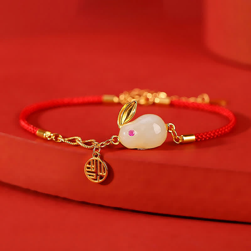 Carmiora 925 Sterling Silber Jahr des Kaninchens Hetian White Jade Luck Blessing Red String Armband