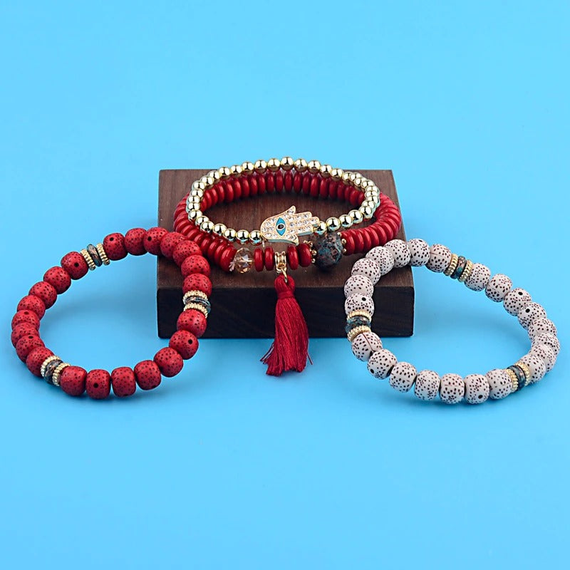 4-teiliges Set mit böhmischen Charm-Armbändern mit Quastenperlen