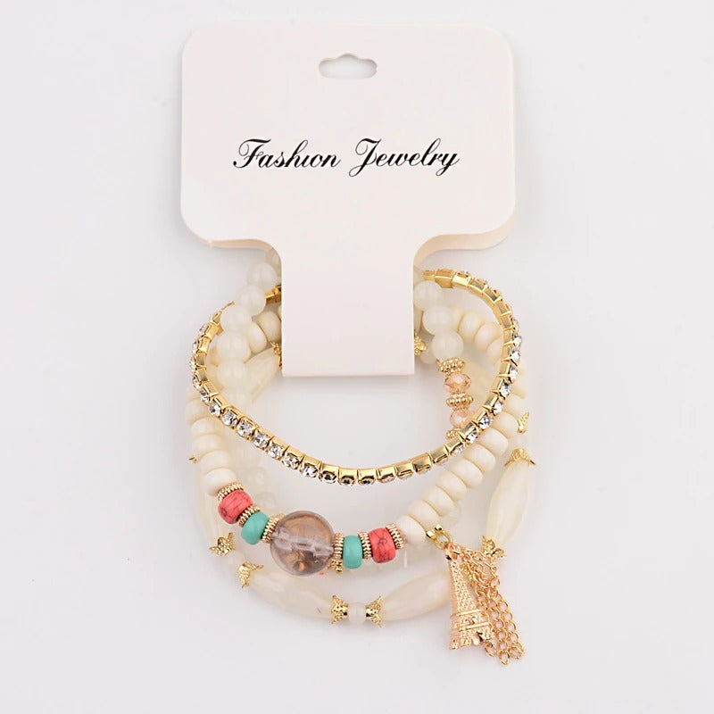 4-teiliges Set mit böhmischen Charm-Armbändern mit Quastenperlen