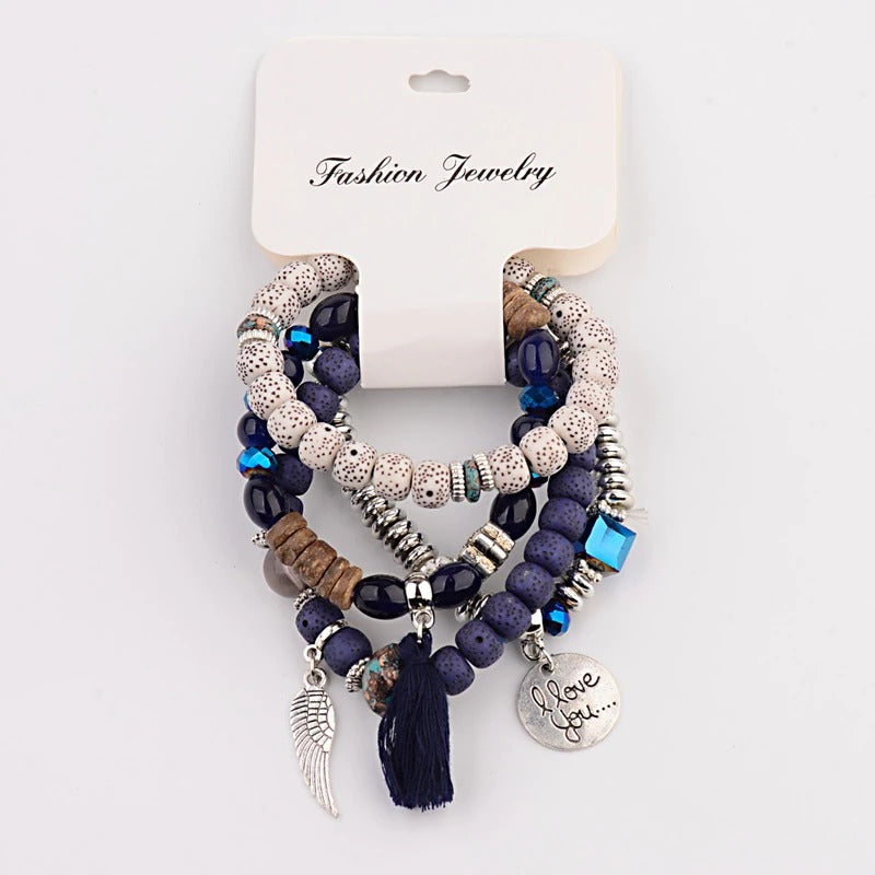 4-teiliges Set mit böhmischen Charm-Armbändern mit Quastenperlen