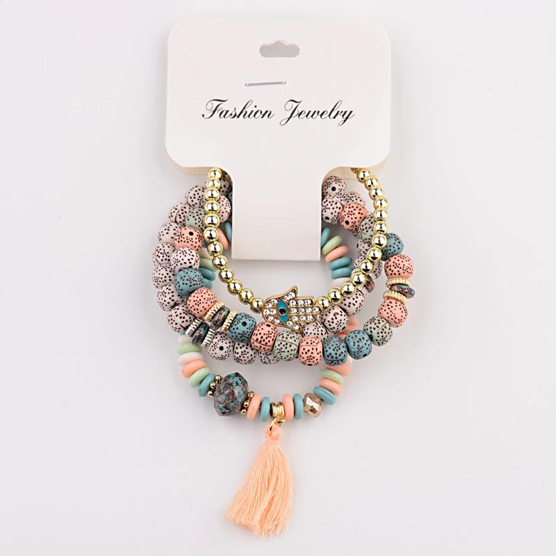 4-teiliges Set mit böhmischen Charm-Armbändern mit Quastenperlen