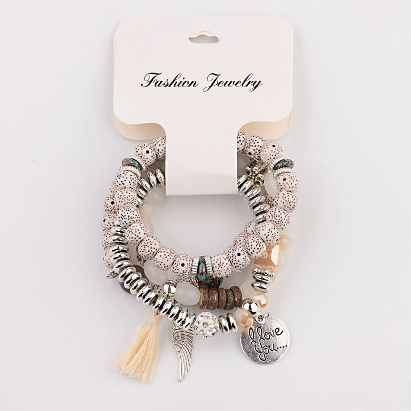 4-teiliges Set mit böhmischen Charm-Armbändern mit Quastenperlen