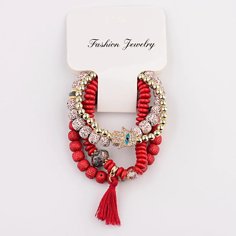 4-teiliges Set mit böhmischen Charm-Armbändern mit Quastenperlen