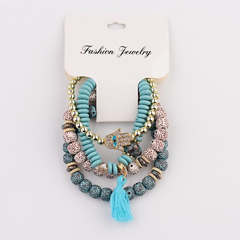 4-teiliges Set mit böhmischen Charm-Armbändern mit Quastenperlen