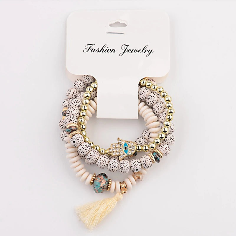 4-teiliges Set mit böhmischen Charm-Armbändern mit Quastenperlen