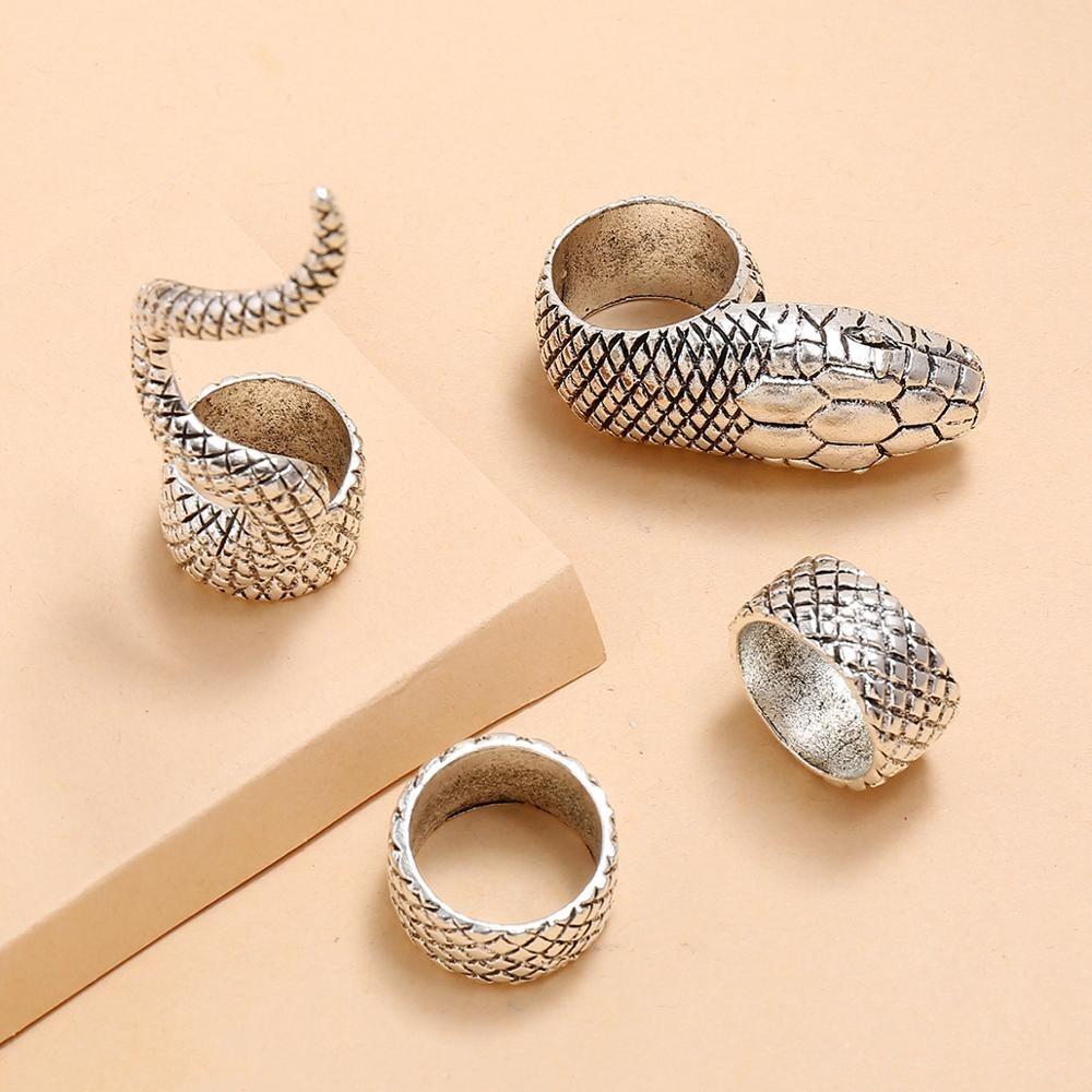 4-teiliges Vintage-Silber-Ringset mit gotischem Schlangenmuster
