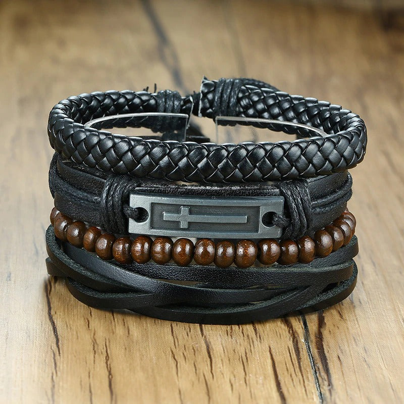 4-teiliges Set mit geflochtenen Wickelarmbändern aus veganem Leder im Vintage-Stil mit Holzperlen
