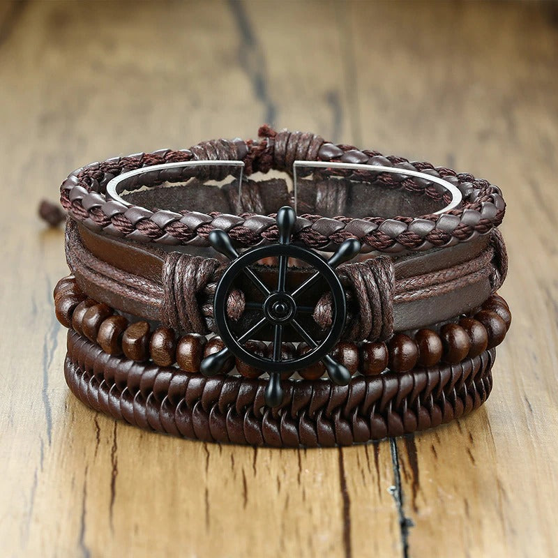 4-teiliges Set mit geflochtenen Wickelarmbändern aus veganem Leder im Vintage-Stil mit Holzperlen