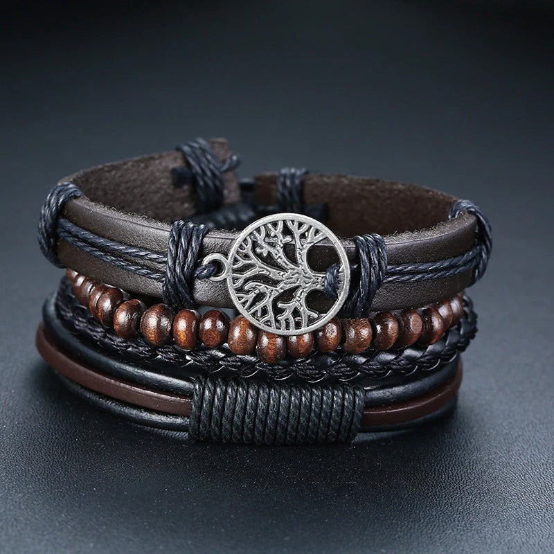 4-teiliges Set mit geflochtenen Wickelarmbändern aus veganem Leder im Vintage-Stil mit Holzperlen