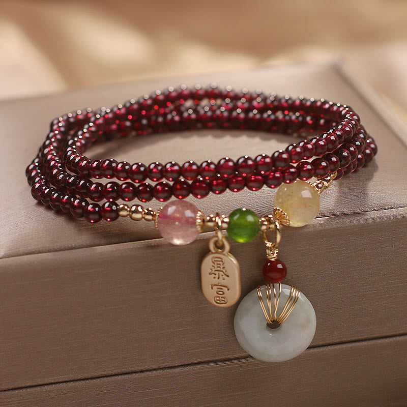 Carmiora Natürlicher Granat-Erdbeerquarz-Kristall, Fuchs-Koi-Fisch, Friedensschnalle, Glücksschutz, dreifach gewickeltes Armband
