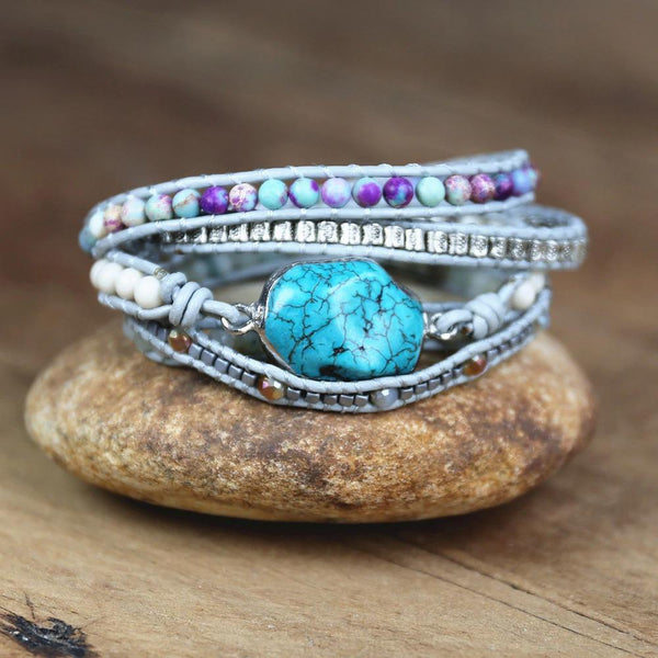 5-lagiges Wickelarmband mit ozeanblauen Perlen