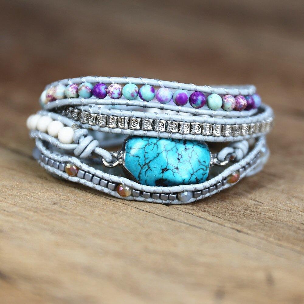 5-lagiges Wickelarmband mit ozeanblauen Perlen