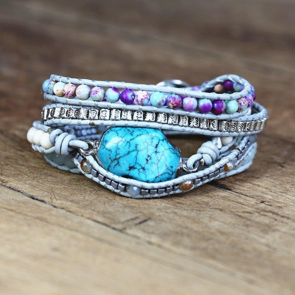 5-lagiges Wickelarmband mit ozeanblauen Perlen