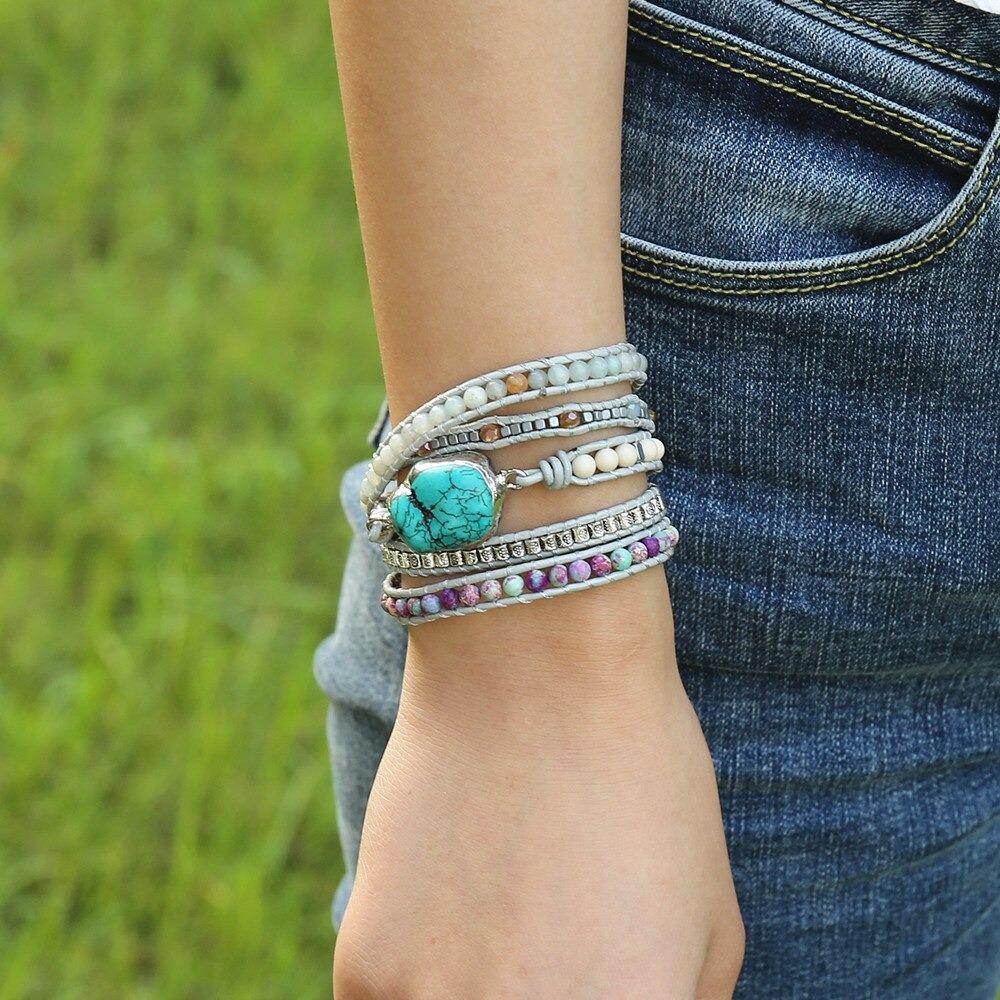 5-lagiges Wickelarmband mit ozeanblauen Perlen