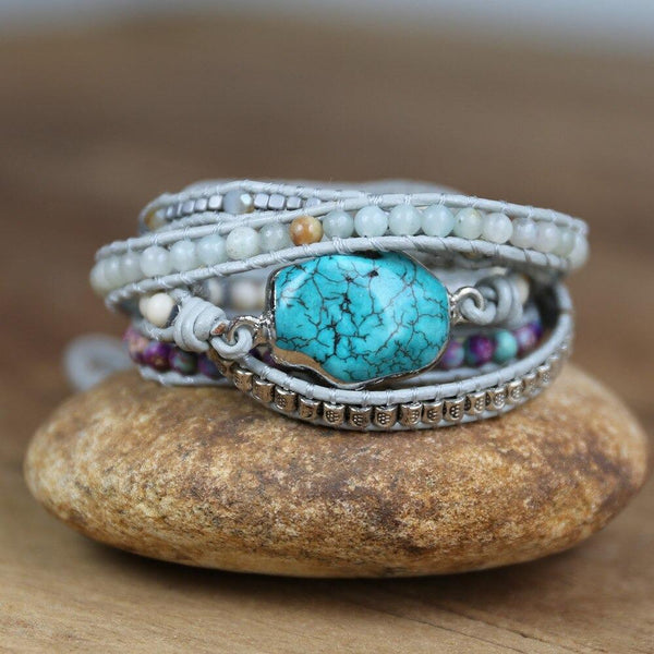 5-lagiges Wickelarmband mit ozeanblauen Perlen