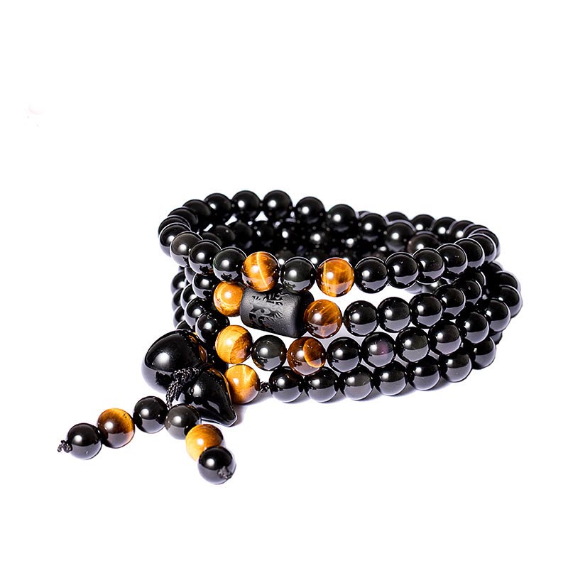 Carmiora Natürliches schwarzes Obsidian-Regenbogen-Obsidian-Kürbis-Segen-Armband Mala