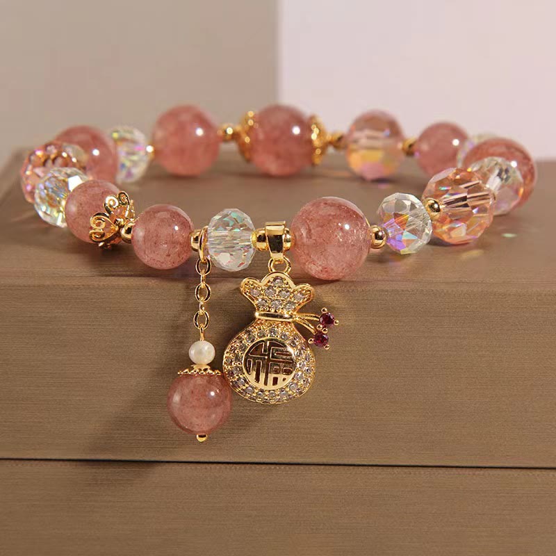 Carmiora Natürliches Erdbeerquarz-Kristall-Geldbeutel-Charm-Positiv-Armband