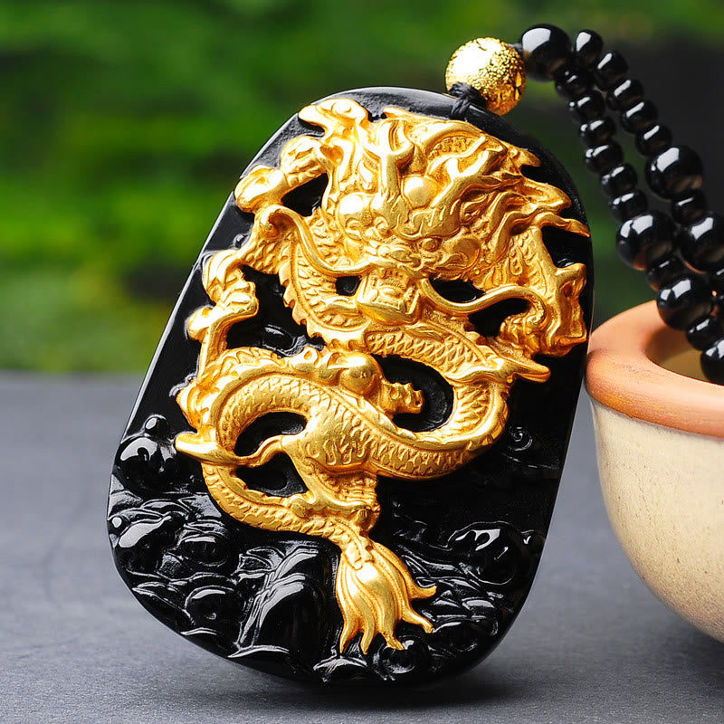 Carmiora 18 Karat vergoldete Drachen-Obsidian-Glücksanhänger-Halskette