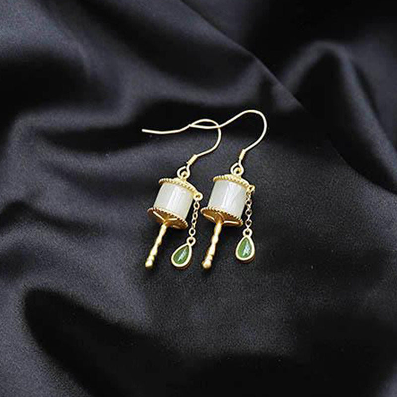 Carmiora 925 Sterling Silber Jade Gebetsmühle Glück Tropfen Ohrringe