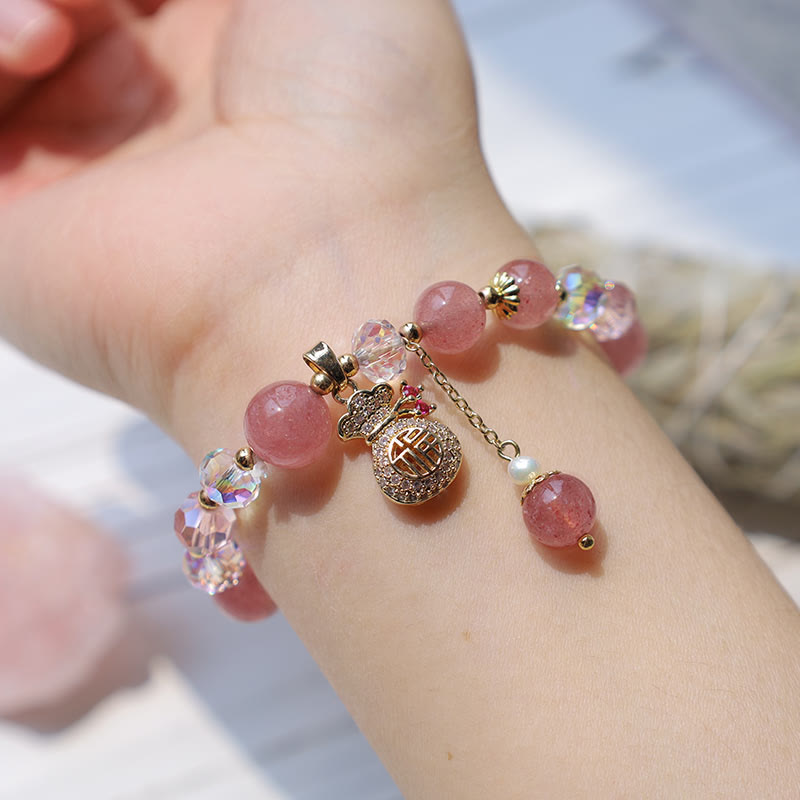 Carmiora Natürliches Erdbeerquarz-Kristall-Geldbeutel-Charm-Positiv-Armband