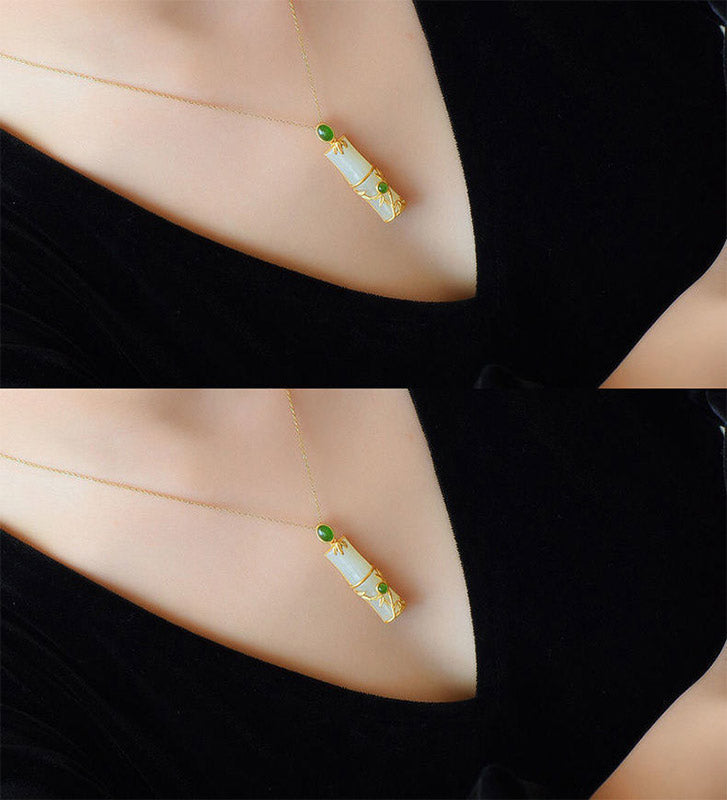 Carmiora Weiße Jade Cyan Jade Bambus Schutz Halskette Anhänger