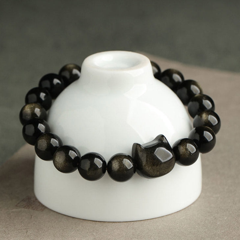 Carmiora Gold glänzender Obsidian Silber glänzender Obsidian Schönes Pfoten-Glückskatzen-Schutzarmband