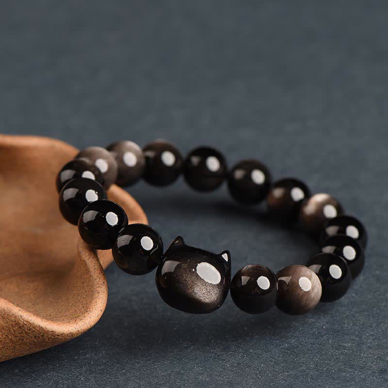 Carmiora Gold glänzender Obsidian Silber glänzender Obsidian Schönes Pfoten-Glückskatzen-Schutzarmband
