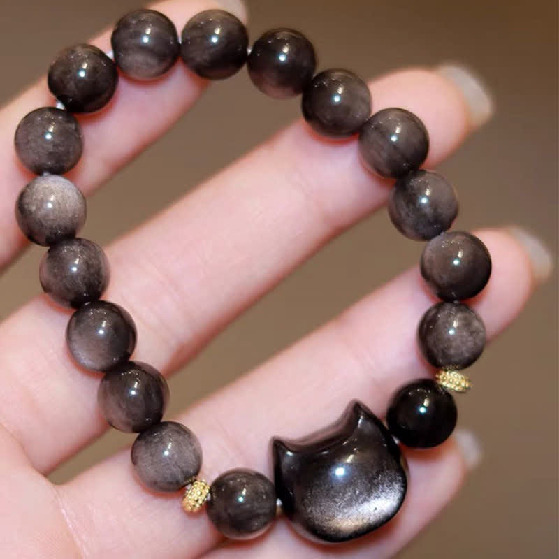 Carmiora Gold glänzender Obsidian Silber glänzender Obsidian Schönes Pfoten-Glückskatzen-Schutzarmband