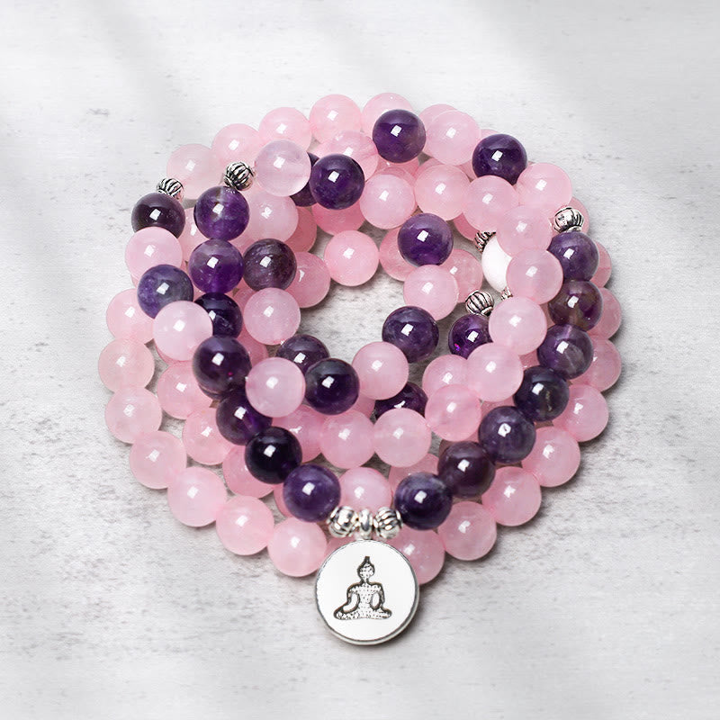 Carmiora natürliches Rosenquarz- und Amethyst-Mala-Perlen-Lotus-Anhänger-Armband