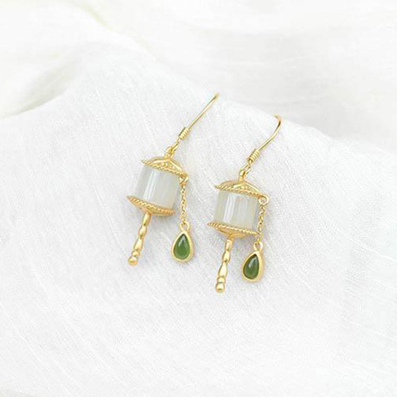 Carmiora 925 Sterling Silber Jade Gebetsmühle Glück Tropfen Ohrringe