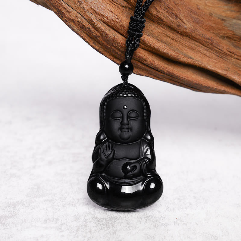 Carmiora Natürlicher schwarzer Obsidian-Kristall, Buddha-Stärke, Schutz-Amulett, Glücksbringer-Anhänger-Halskette