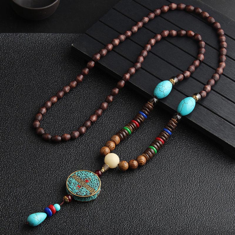 Carmiora Türkis Dzi Perlen Gebetsmühle Wenge Holz Meditation Halskette