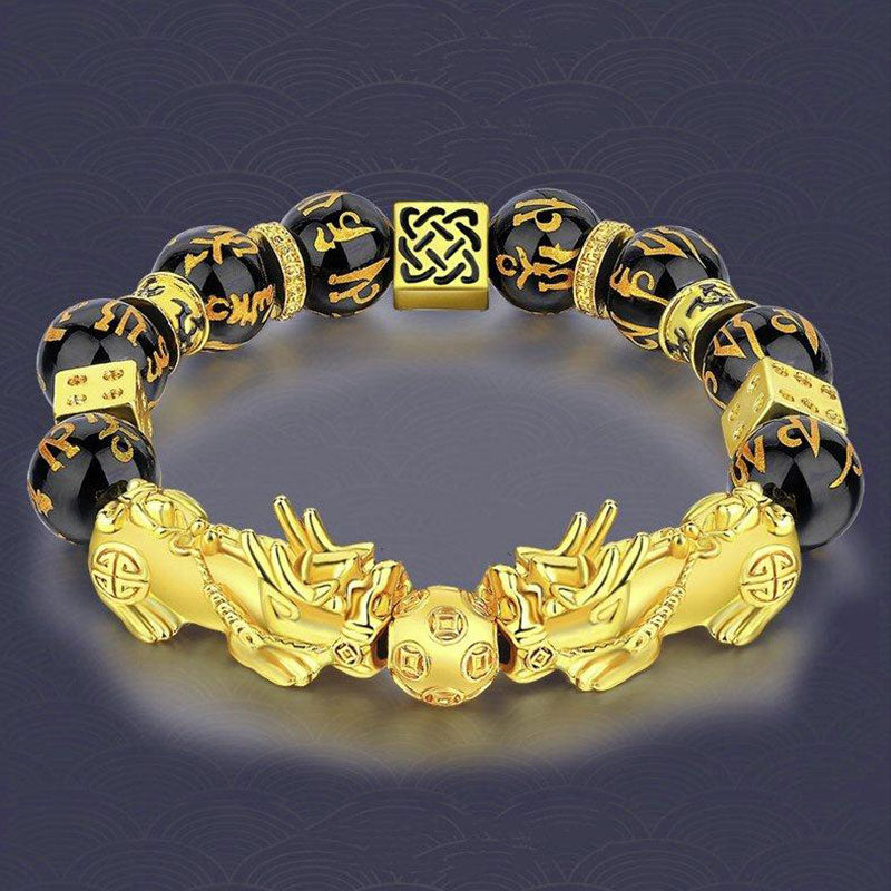 Carmiora FengShui Double PiXiu Obsidian Om Mani Padme Hum Reichtumsarmband