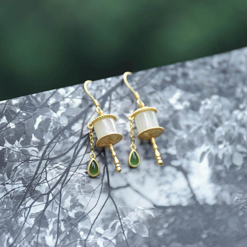 Carmiora 925 Sterling Silber Jade Gebetsmühle Glück Tropfen Ohrringe