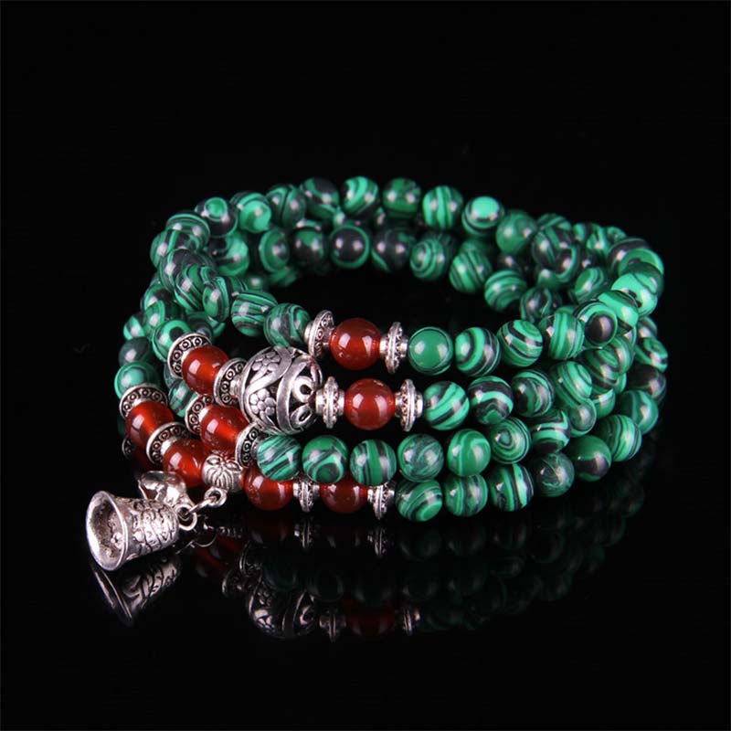Carmiora Tibetisch 108 Perlen Malachit Roter Achat Glockenschutz Armband Mala
