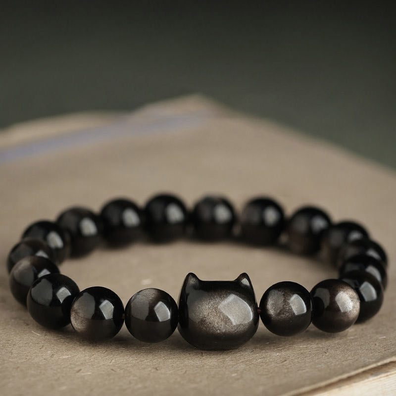 Carmiora Gold glänzender Obsidian Silber glänzender Obsidian Schönes Pfoten-Glückskatzen-Schutzarmband