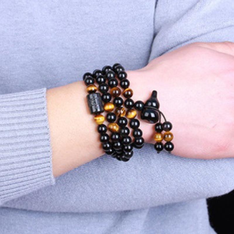 Carmiora Natürliches schwarzes Obsidian-Regenbogen-Obsidian-Kürbis-Segen-Armband Mala