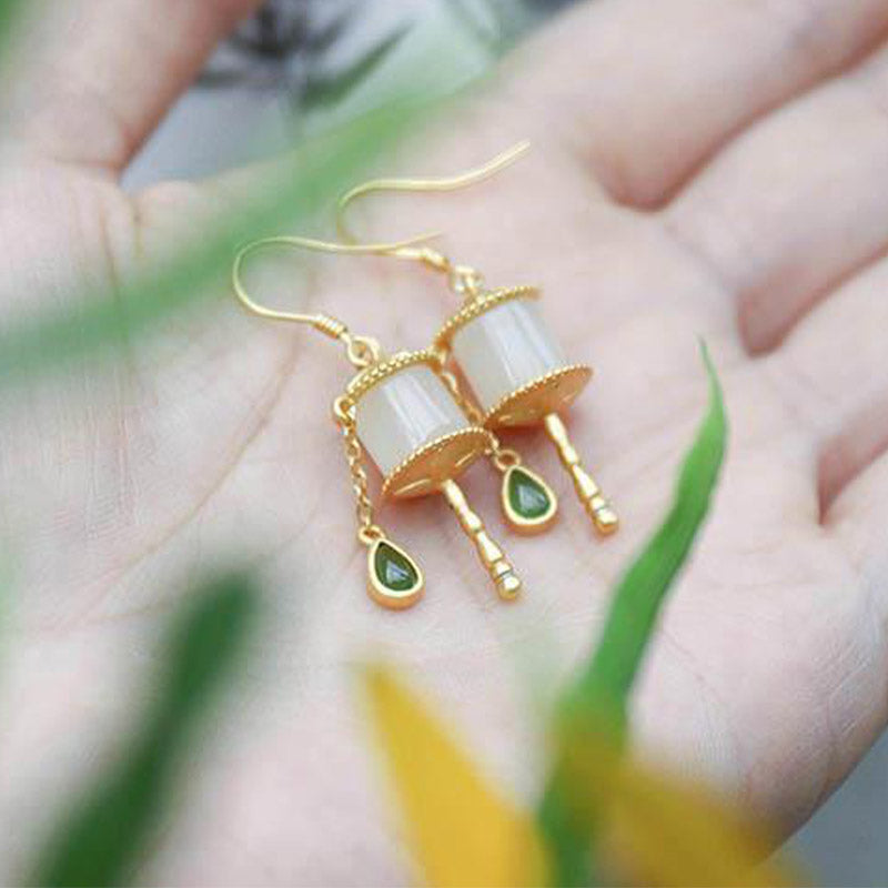 Carmiora 925 Sterling Silber Jade Gebetsmühle Glück Tropfen Ohrringe