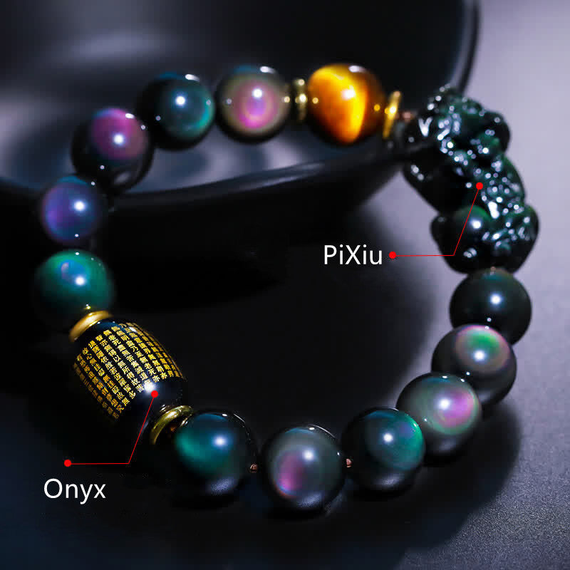 Carmiora FengShui PiXiu Regenbogen Obsidian Schwarzer Onyx Tigerauge Positives Armband
