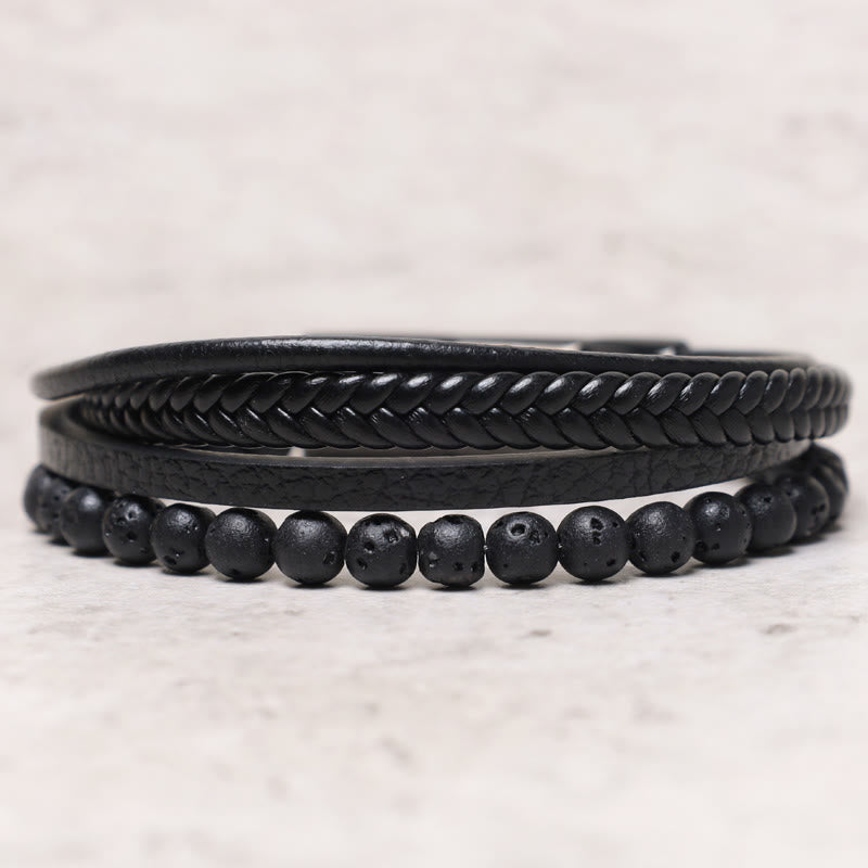 Carmiora natürliches Lavagestein-Lederarmband mit schwarzen Onyxperlen