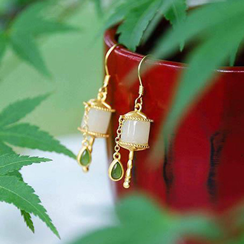 Carmiora 925 Sterling Silber Jade Gebetsmühle Glück Tropfen Ohrringe