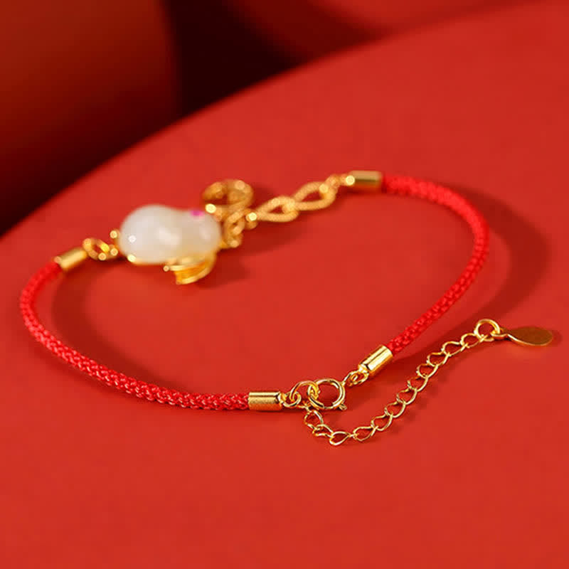 Carmiora 925 Sterling Silber Jahr des Kaninchens Hetian White Jade Luck Blessing Red String Armband
