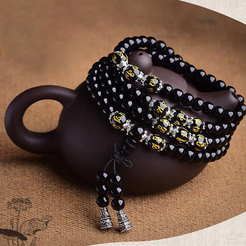 Carmiora Black Obsidian Six True Words Protection Mala Armband